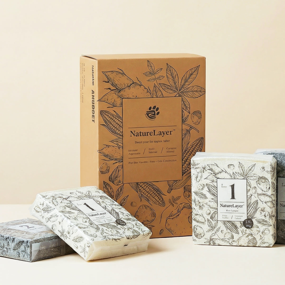 NatureLayer soap packaging with brown box and soap bars on a beige background