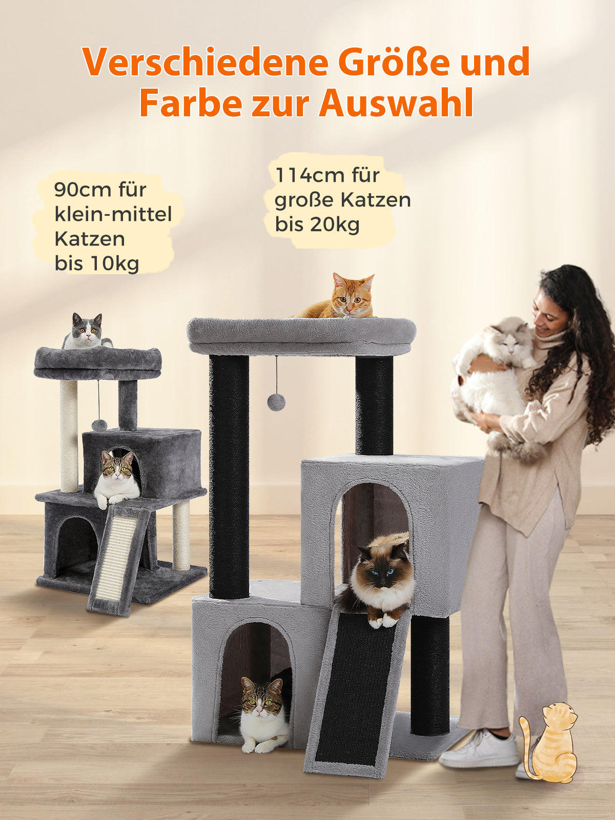 Kratzbaum für Katzen, 114 cm – mit 2 Höhlen