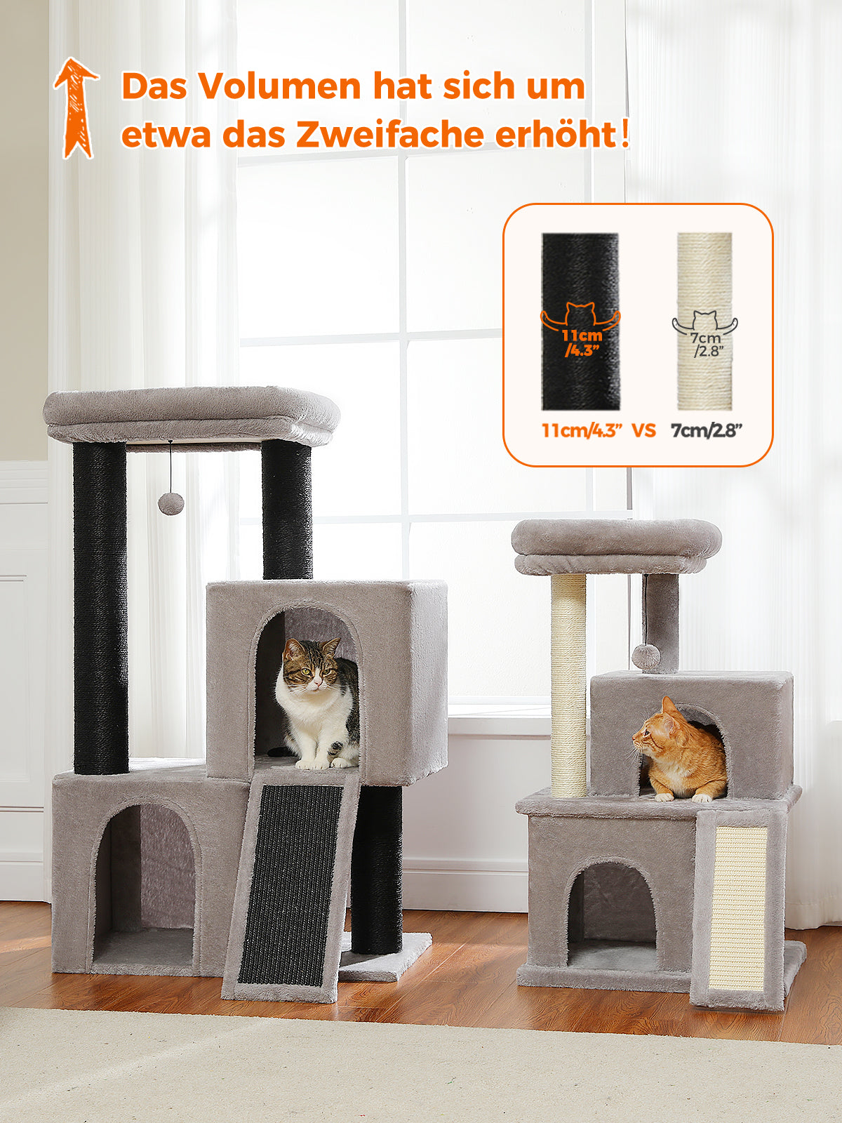 Kratzbaum für Katzen, 114 cm – mit 2 Höhlen