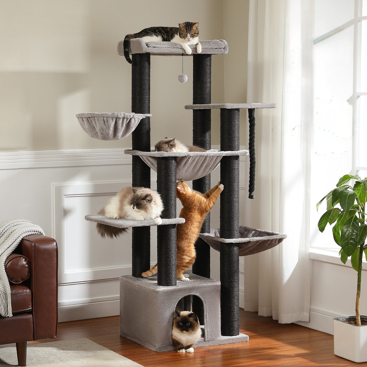 Kratzbaum für Katzen, 170 cm – Grau-Schwarz mit 5 Ruheplätzen