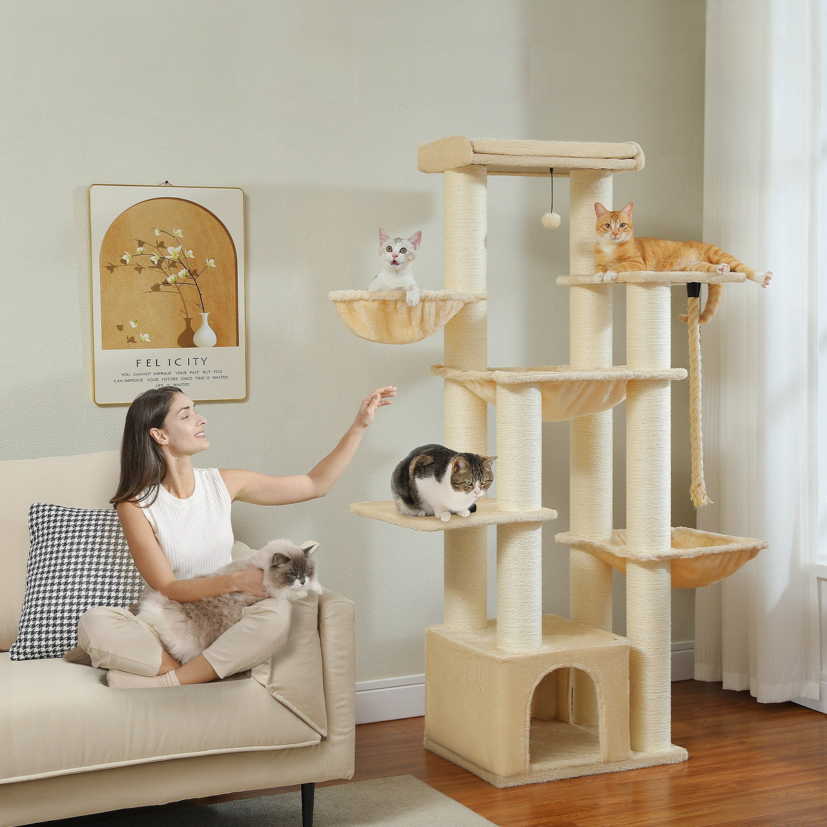 Kratzbaum für Katzen, 170 cm – Beige mit 5 Ruheplätzen