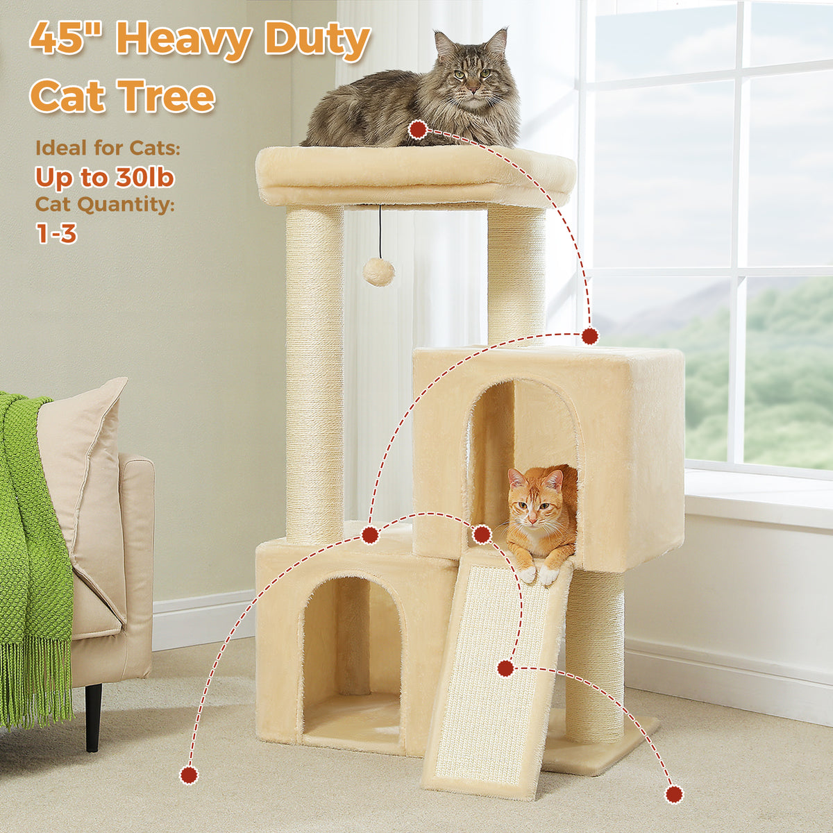 Kratzbaum für Katzen, 114 cm – Beige mit 2 Höhlen