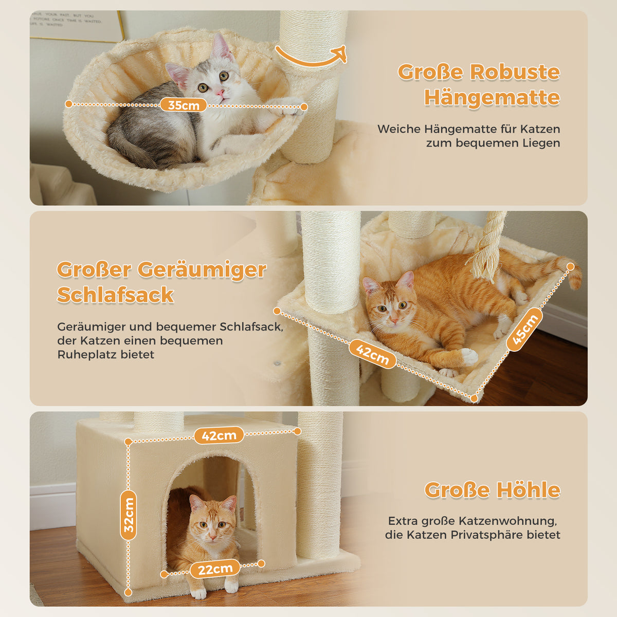 Kratzbaum für Katzen, 170 cm – Beige mit 5 Ruheplätzen