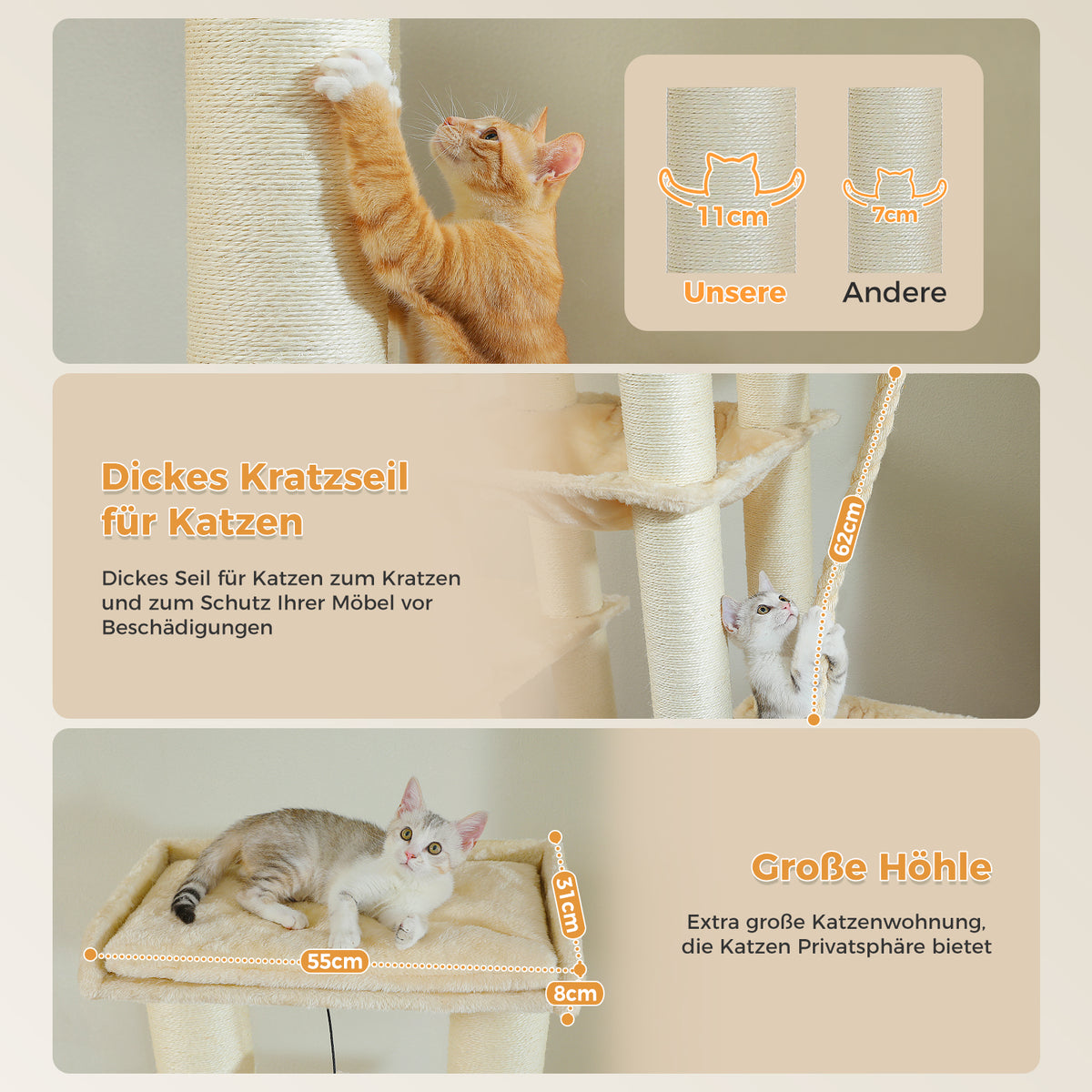 Kratzbaum für Katzen, 170 cm – Beige mit 5 Ruheplätzen