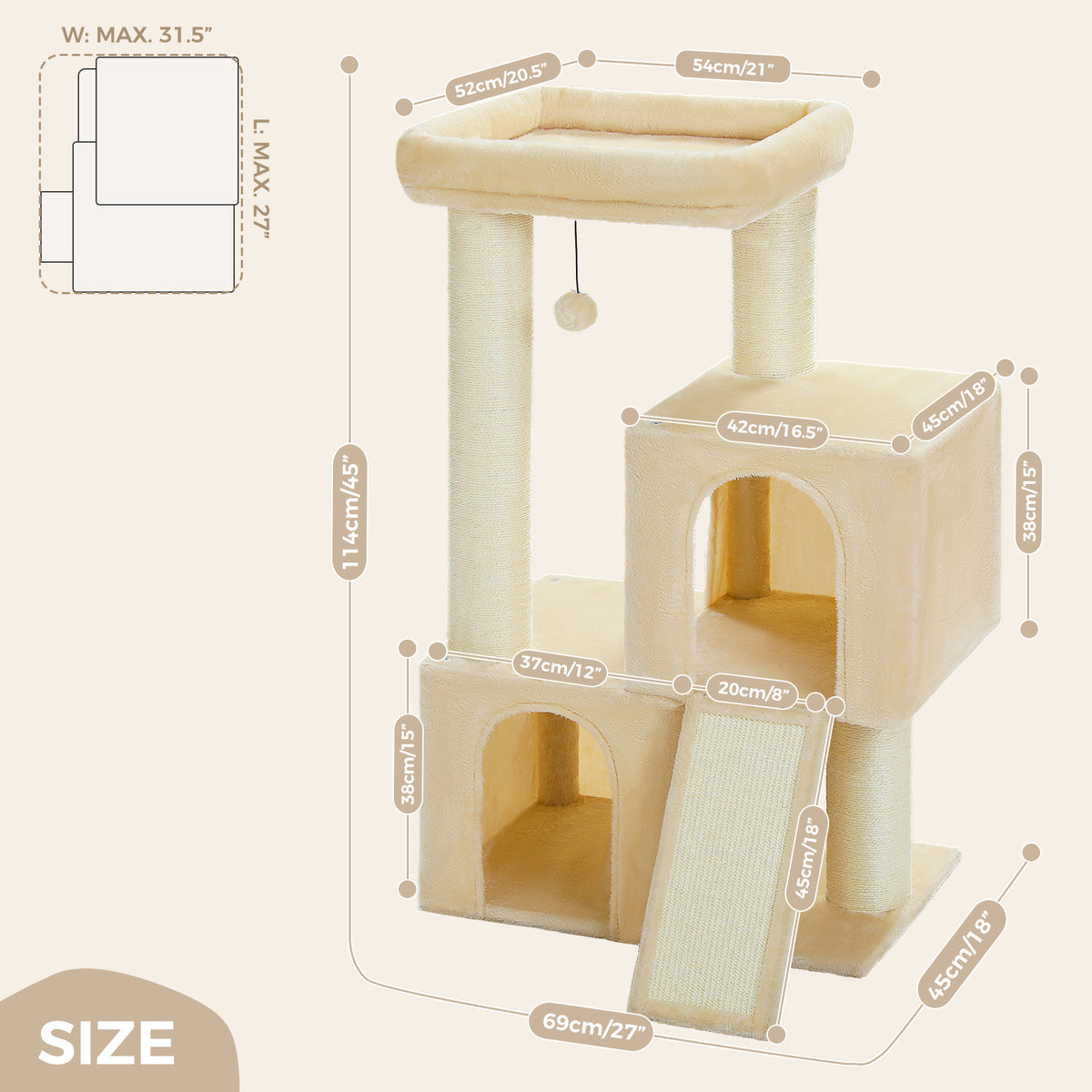 Kratzbaum für Katzen, 114 cm – Beige mit 2 Höhlen