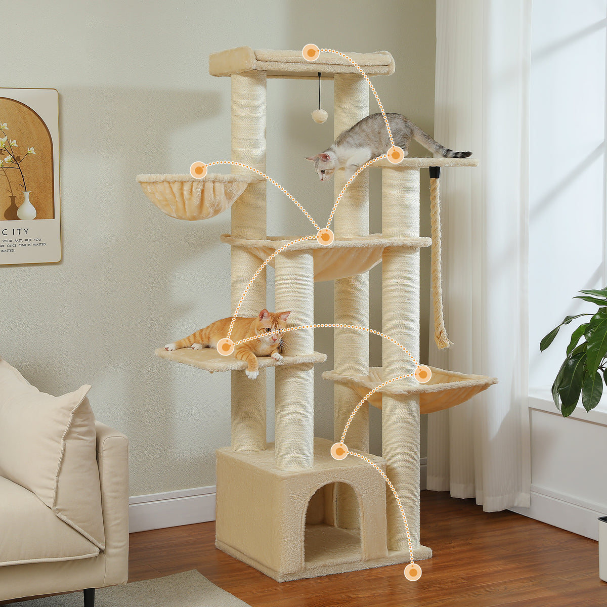 Kratzbaum für Katzen, 170 cm – Beige mit 5 Ruheplätzen