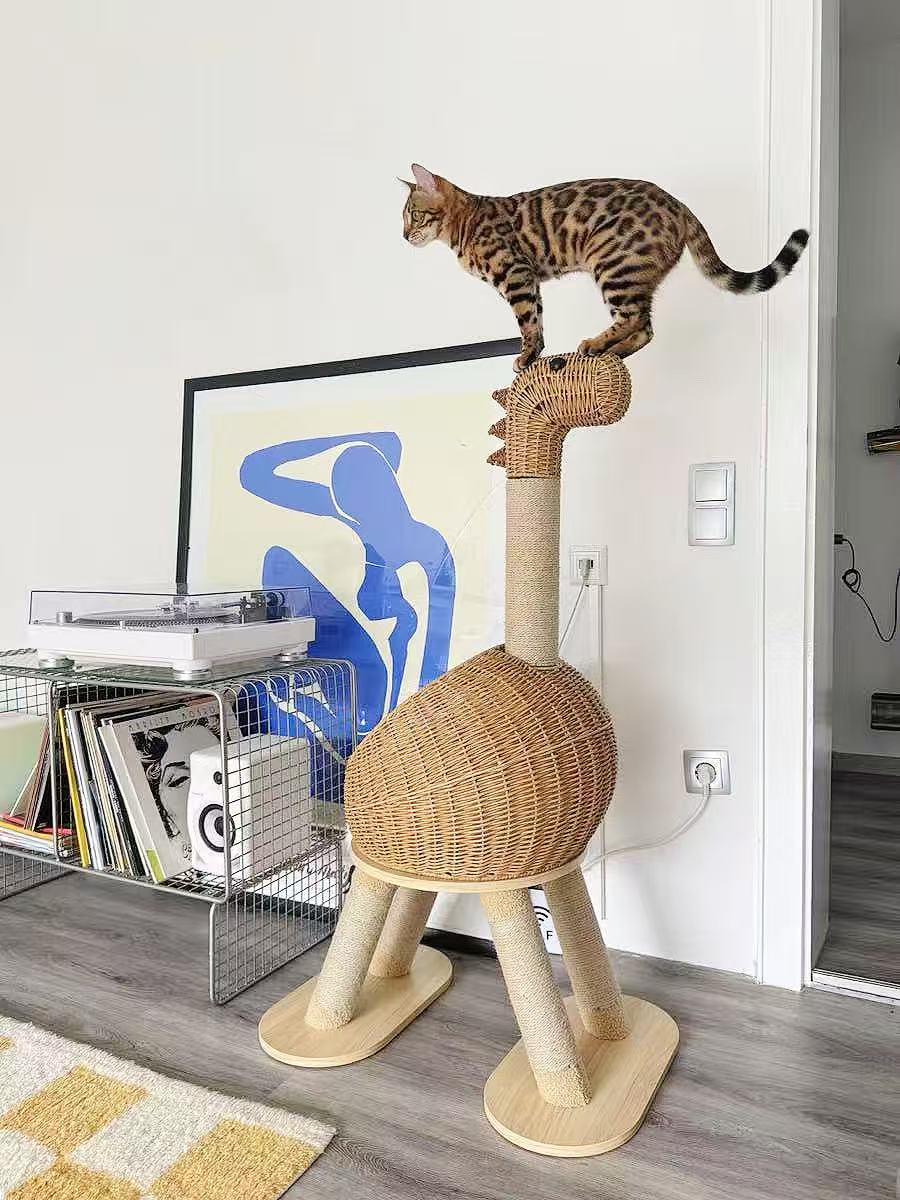 Cat climbing a wicker cat tree in a modern living room.