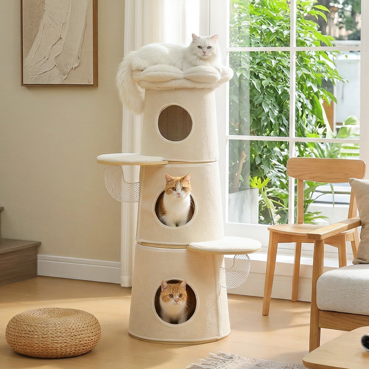 Katzenkratzbaum Beige, 112 cm, mit 3 Katzenhöhlen