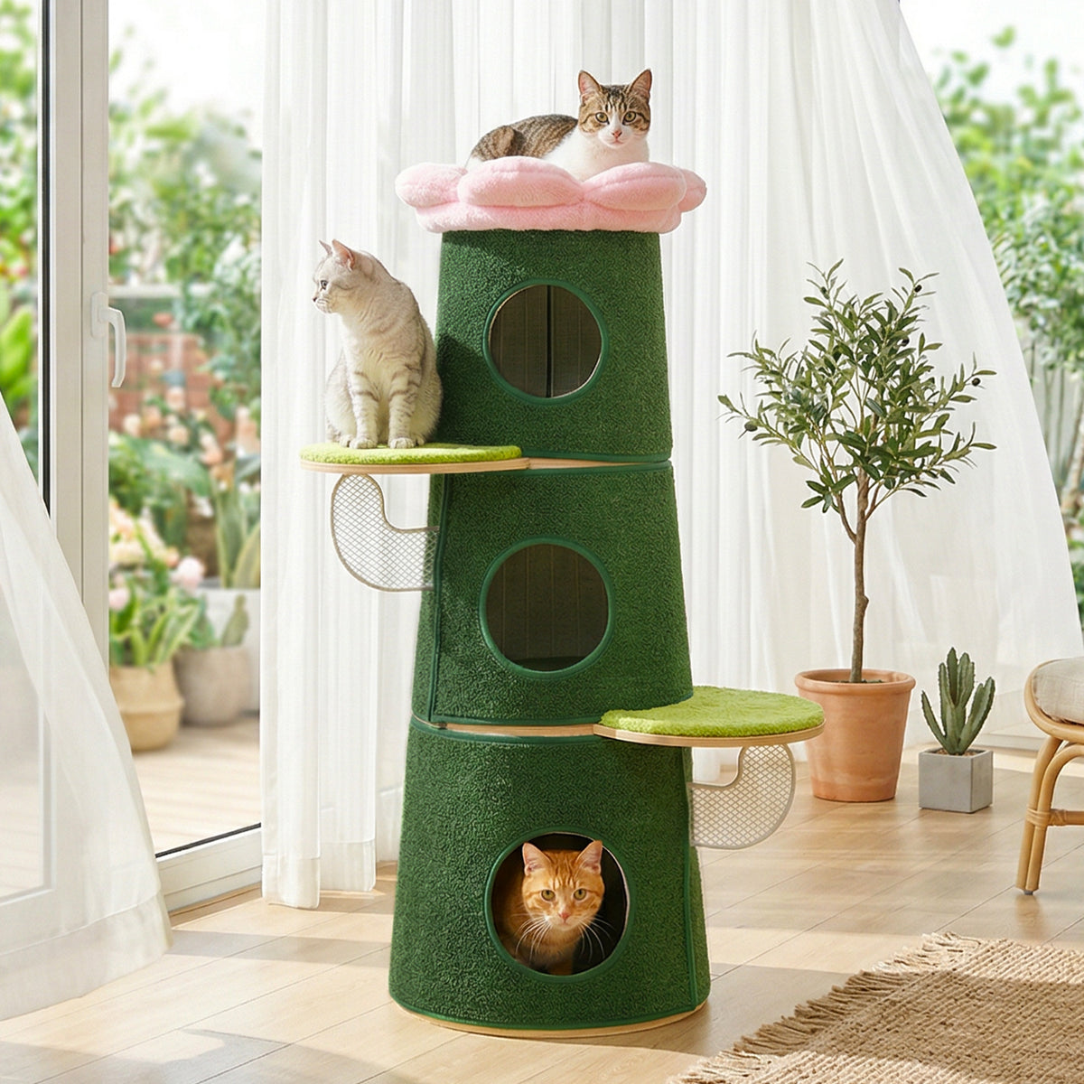 Katzenkratzbaum Grün, 112 cm, mit 3 Katzenhöhlen