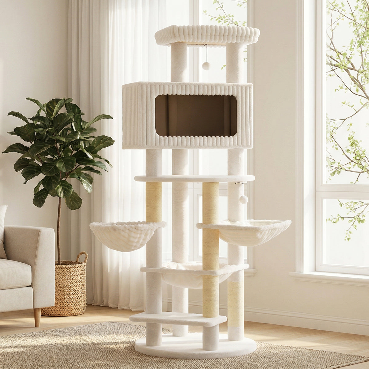 XXL Kratzbaum Beige, 213 cm, mit 3 Hängematten