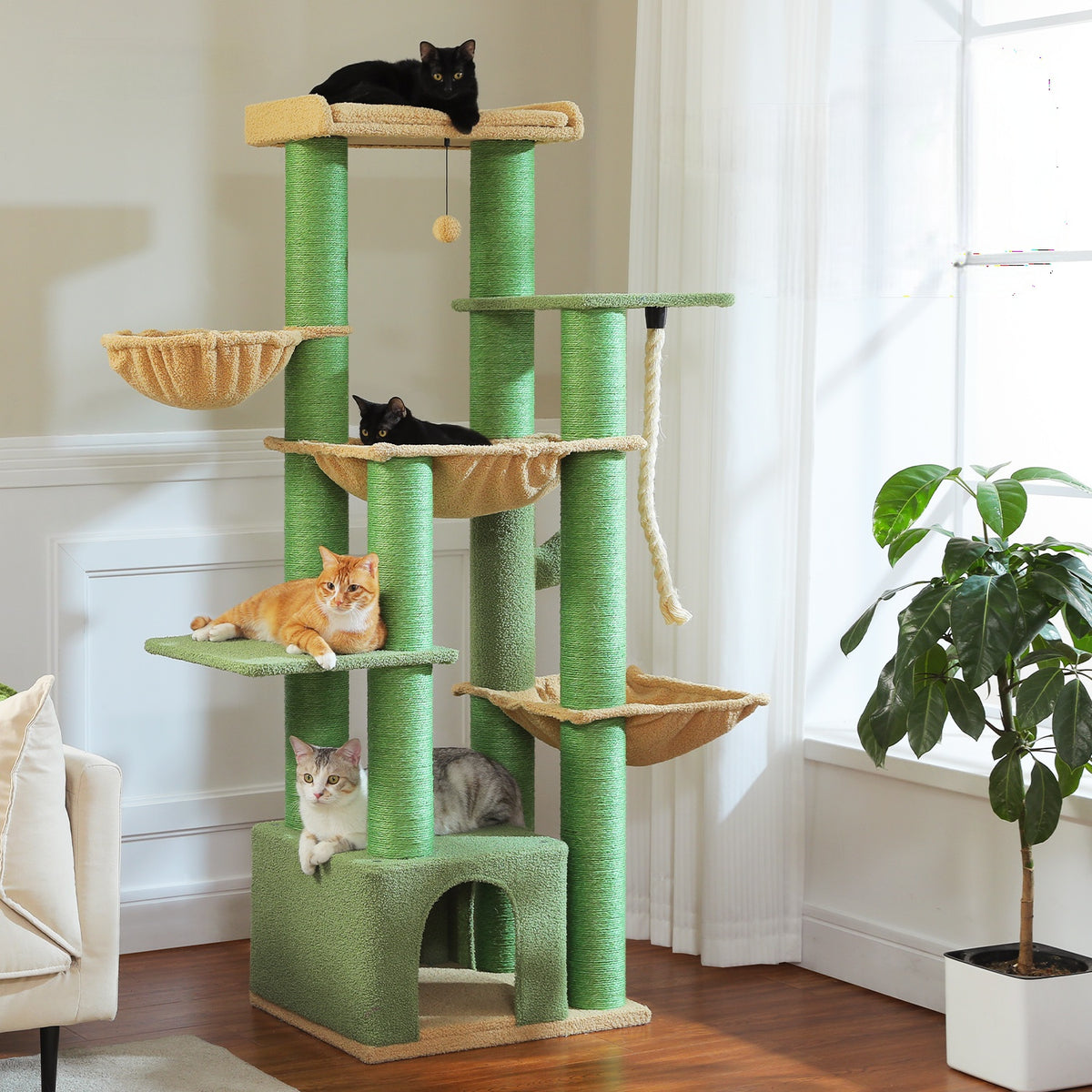 Kratzbaum für Katzen, 169 cm – Grün mit 5 Ruheplätzen