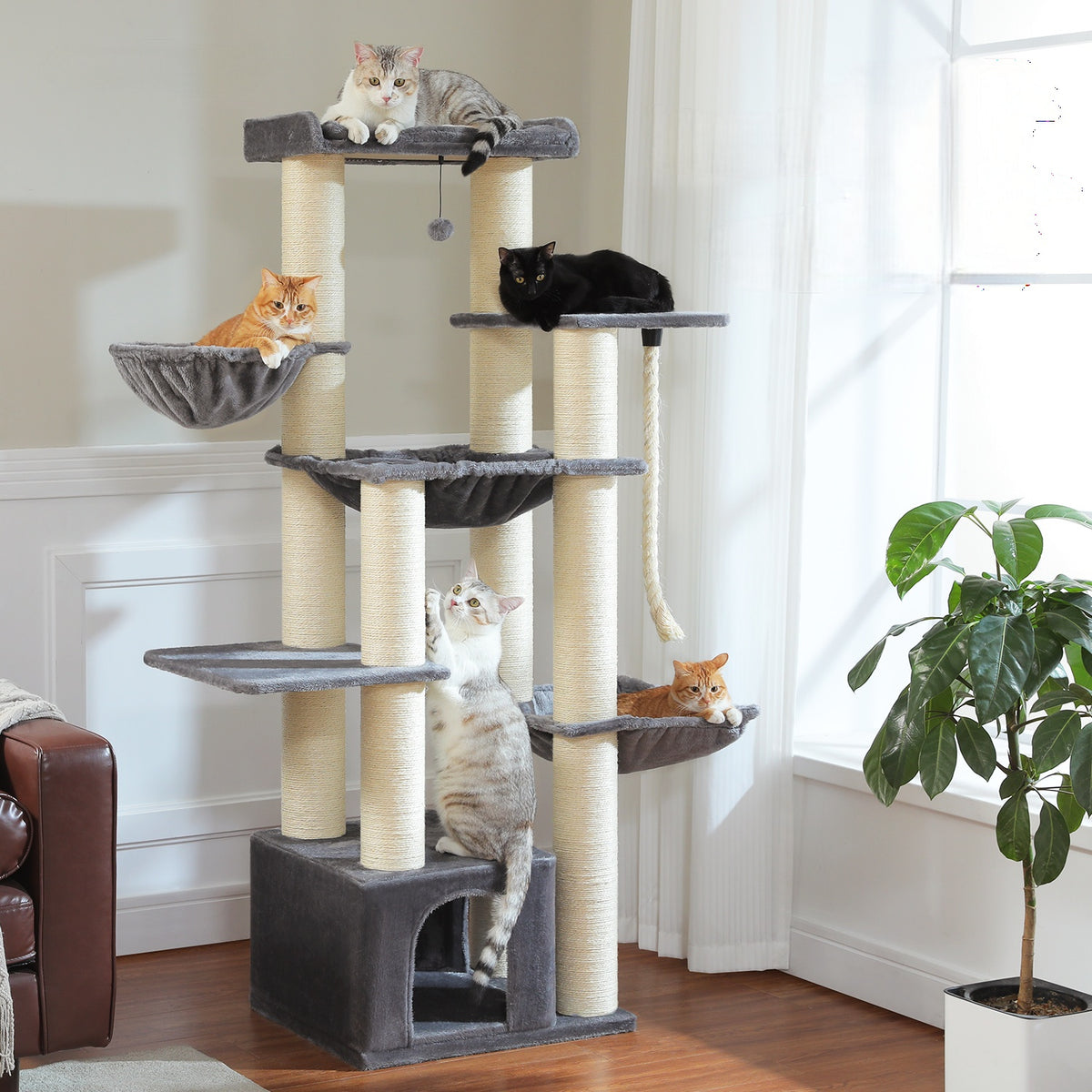 Kratzbaum für Katzen, 169 cm – Grau mit 5 Ruheplätzen