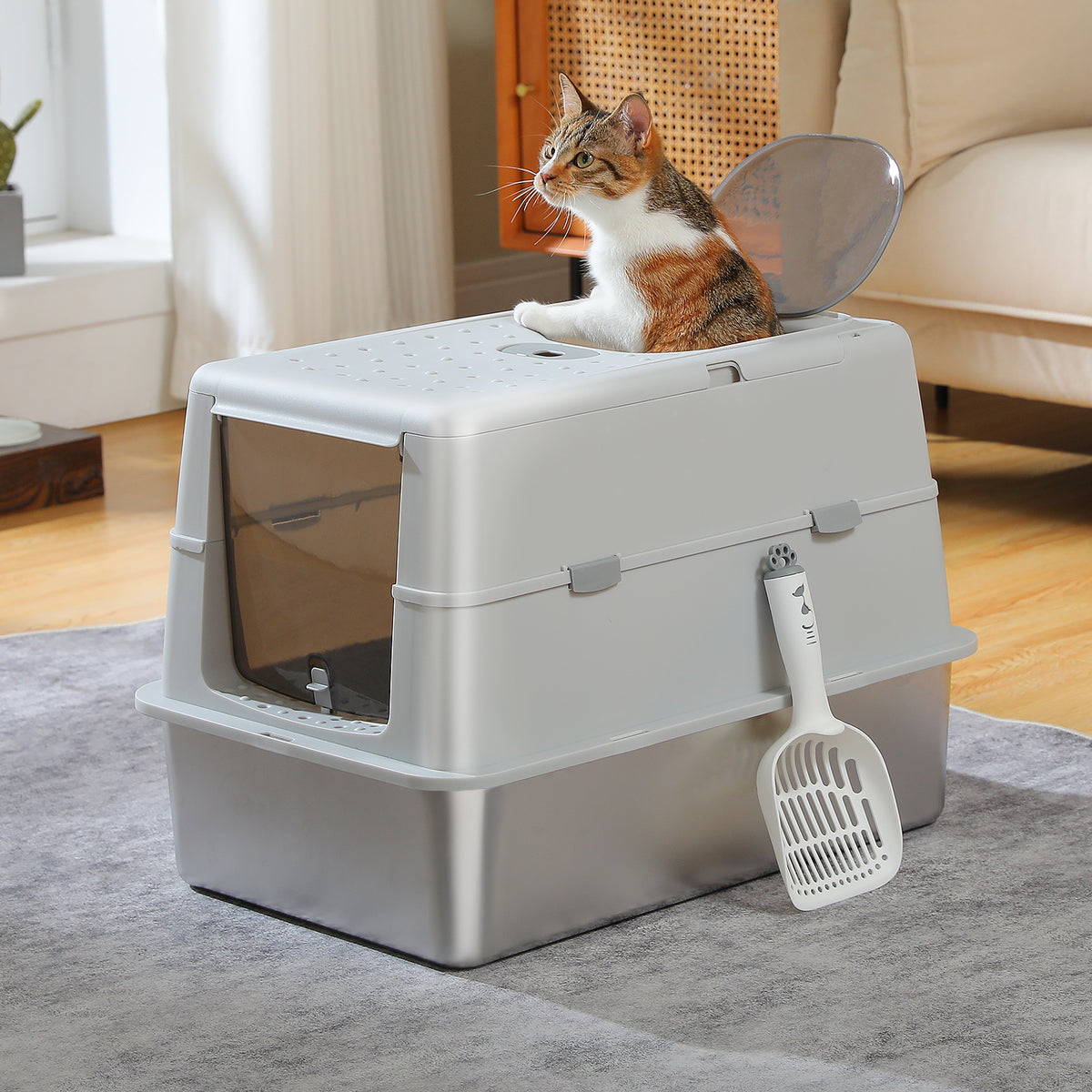 XL Katzentoilette mit Edelstahlwanne und Deckel – Grau