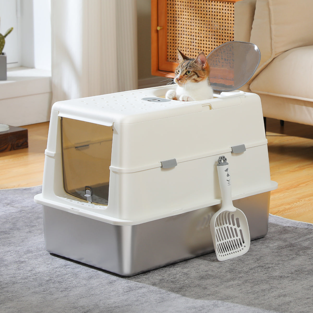 XL Katzentoilette mit Edelstahlwanne und Deckel – Weiß