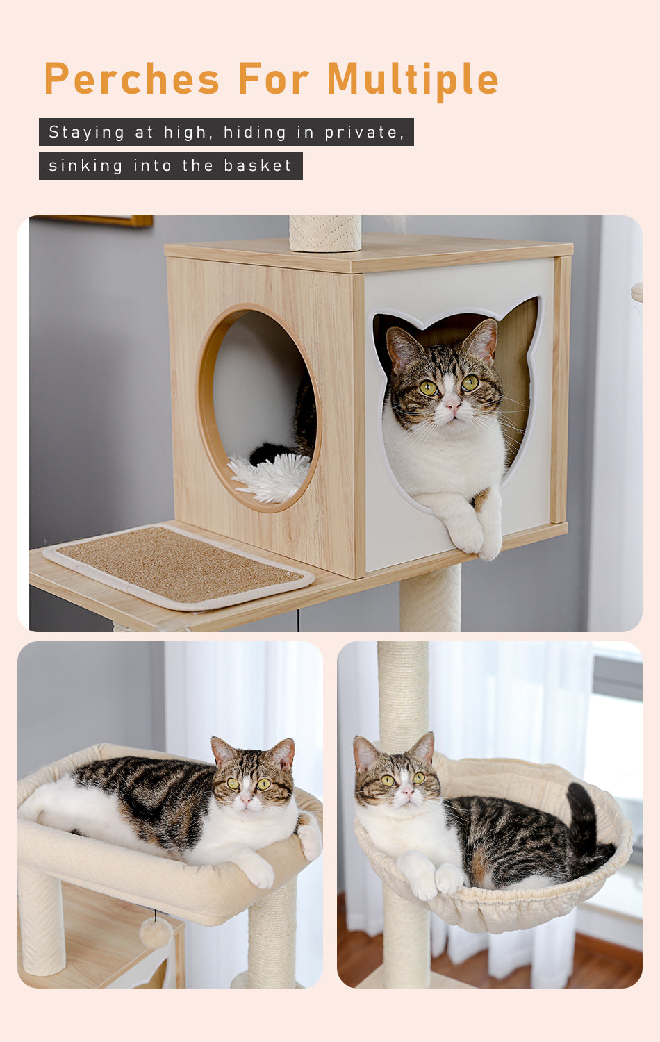 Katzenkratzbaum mit Katzenkloschrank, 144 cm, Beige