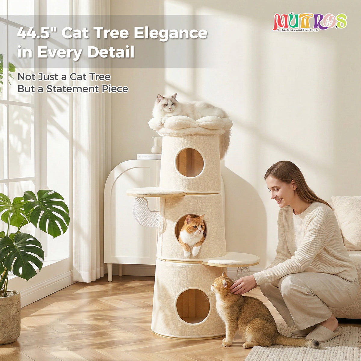 Katzenkratzbaum Beige, 112 cm, mit 3 Katzenhöhlen