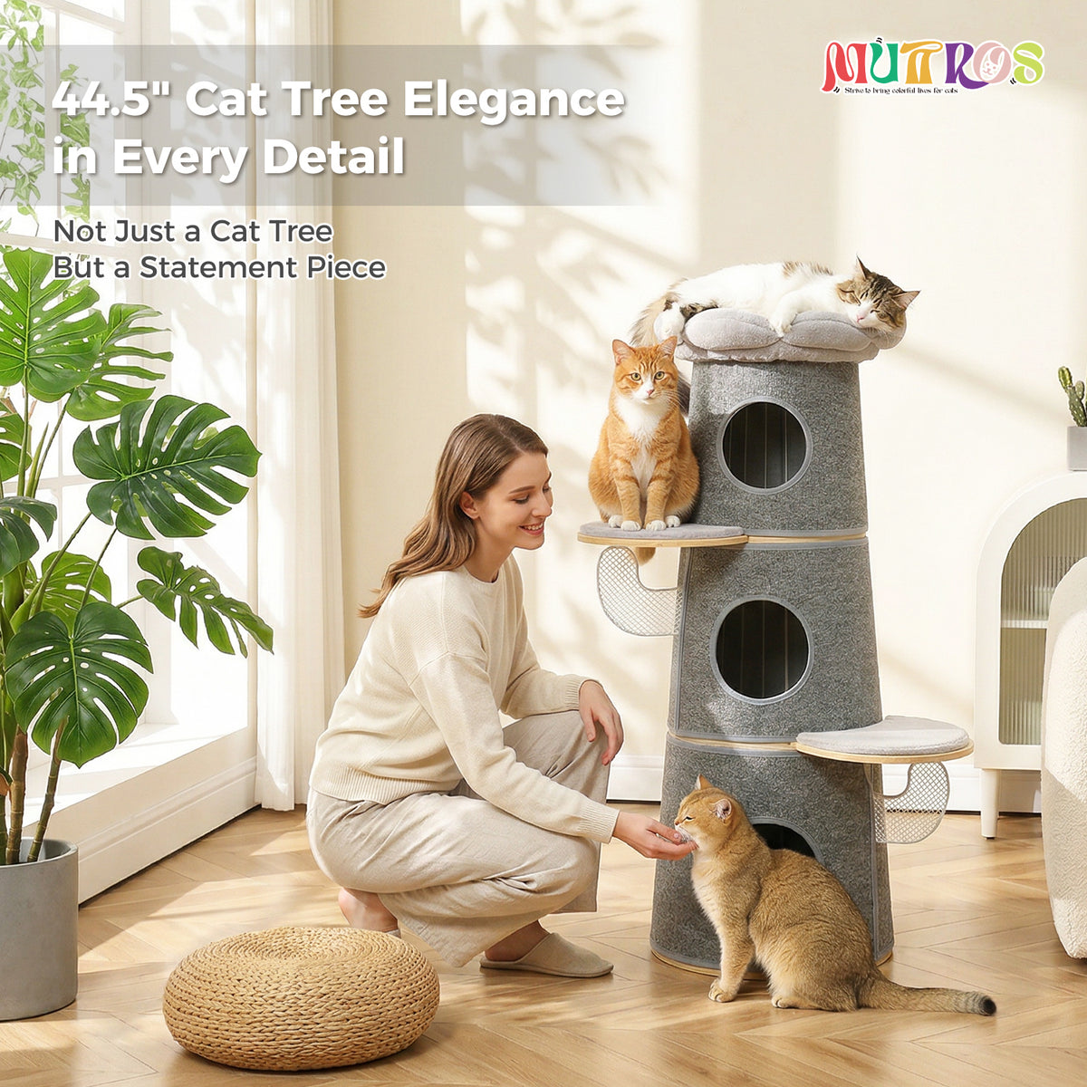 Katzenkratzbaum Grau, 112 cm, mit 3 Katzenhöhlen