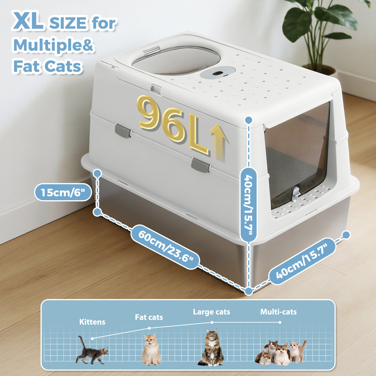 XL Katzentoilette mit Edelstahlwanne und Deckel – Weiß