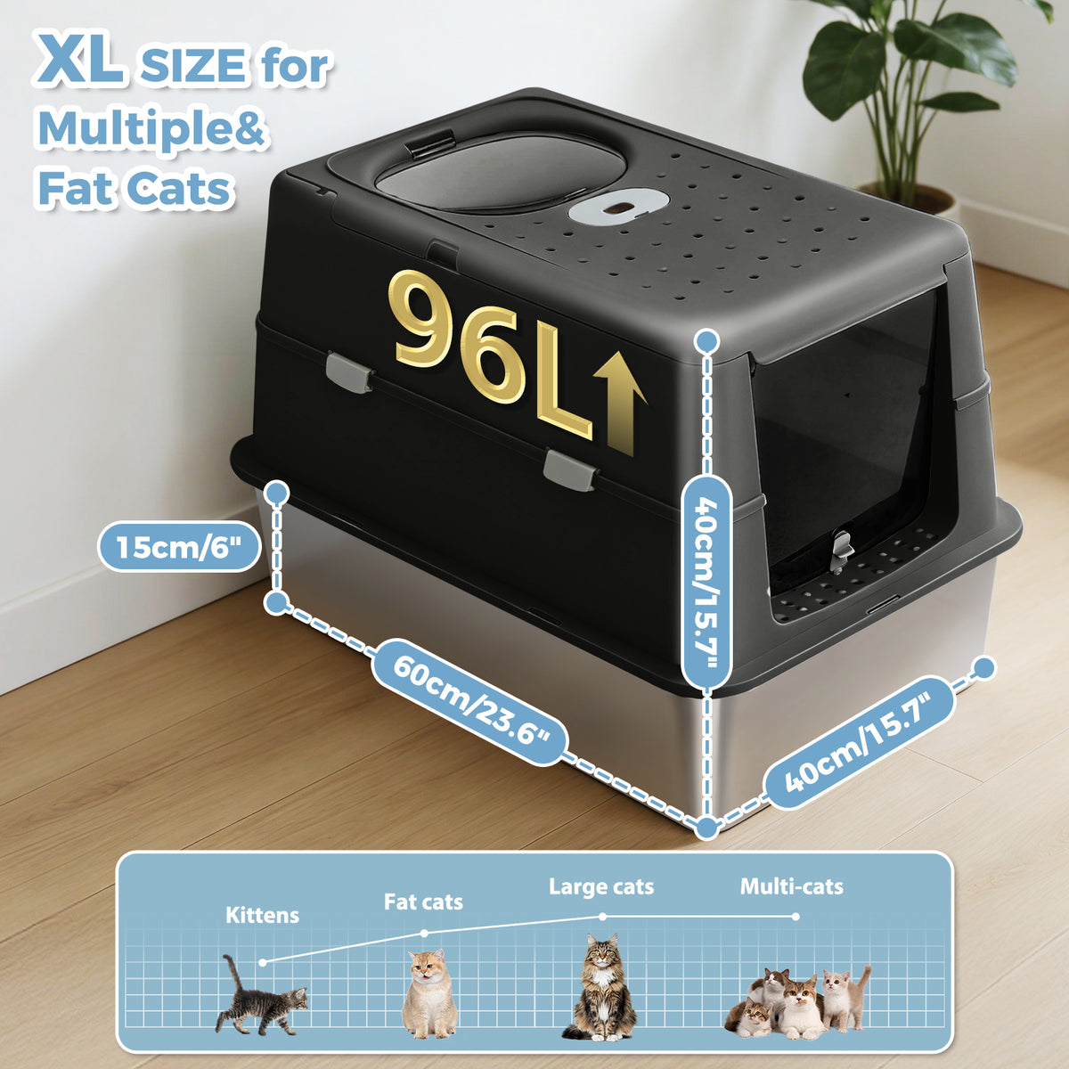 XL Katzentoilette mit Edelstahlwanne und Deckel – Schwarz