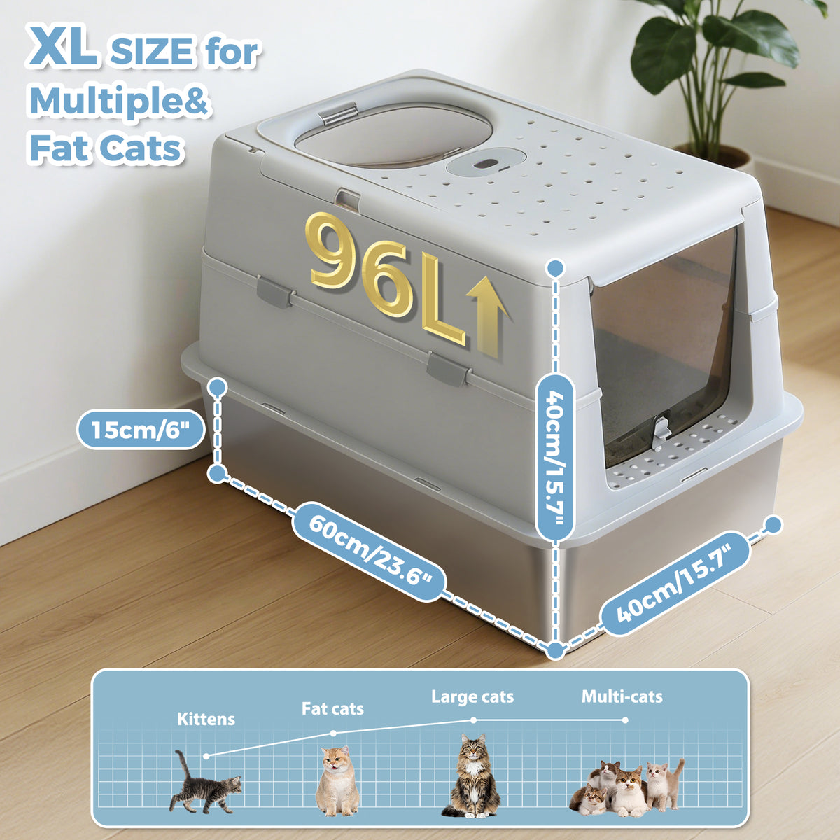 XL Katzentoilette mit Edelstahlwanne und Deckel – Grau