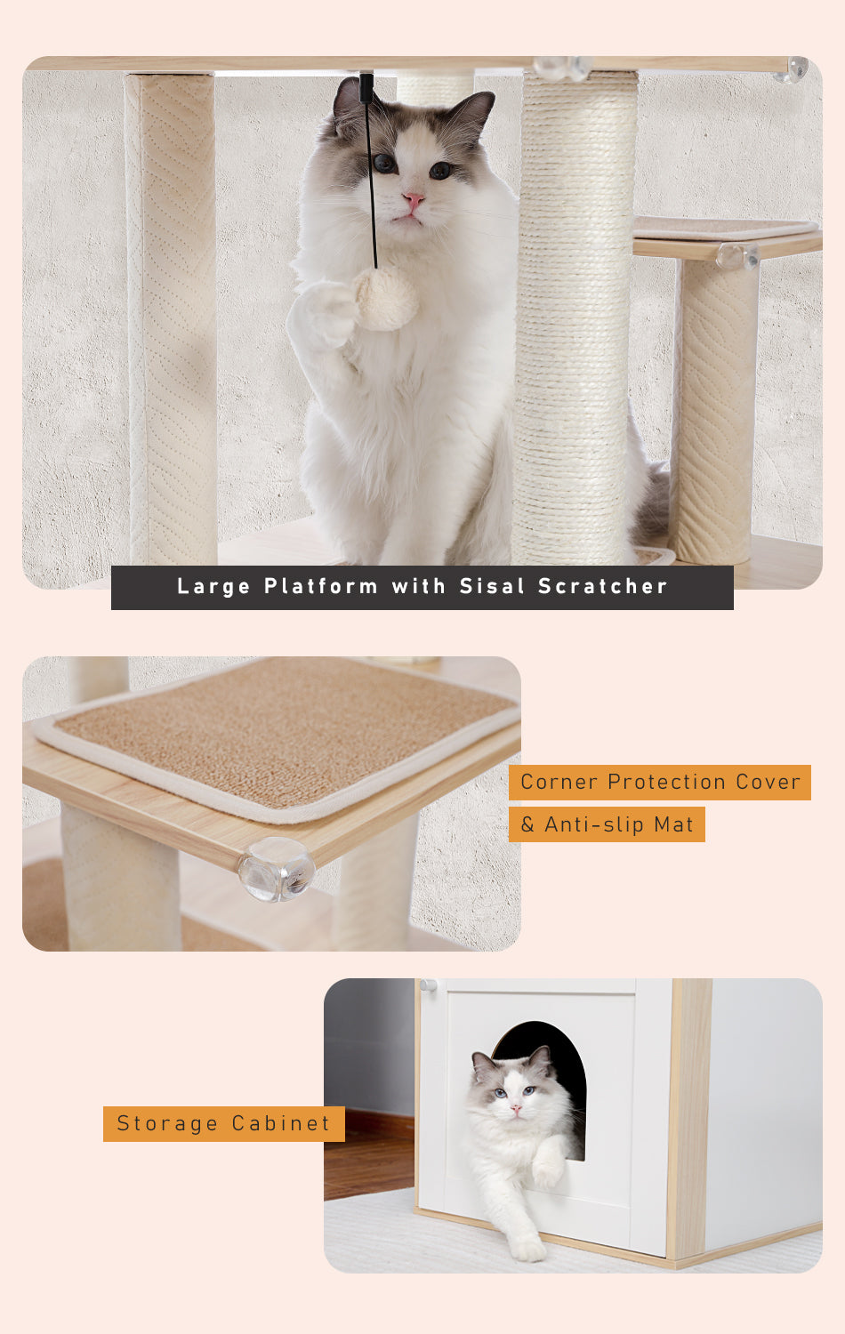Katzenkratzbaum mit Katzenkloschrank, 144 cm, Beige
