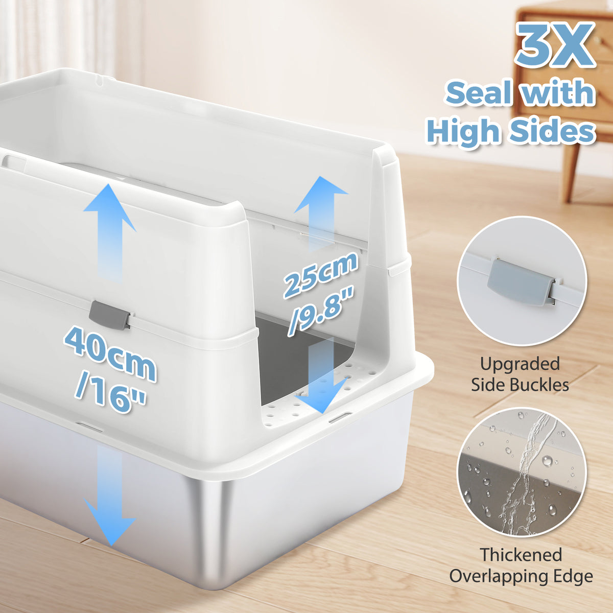 XL Katzentoilette mit Edelstahlwanne und Deckel – Weiß