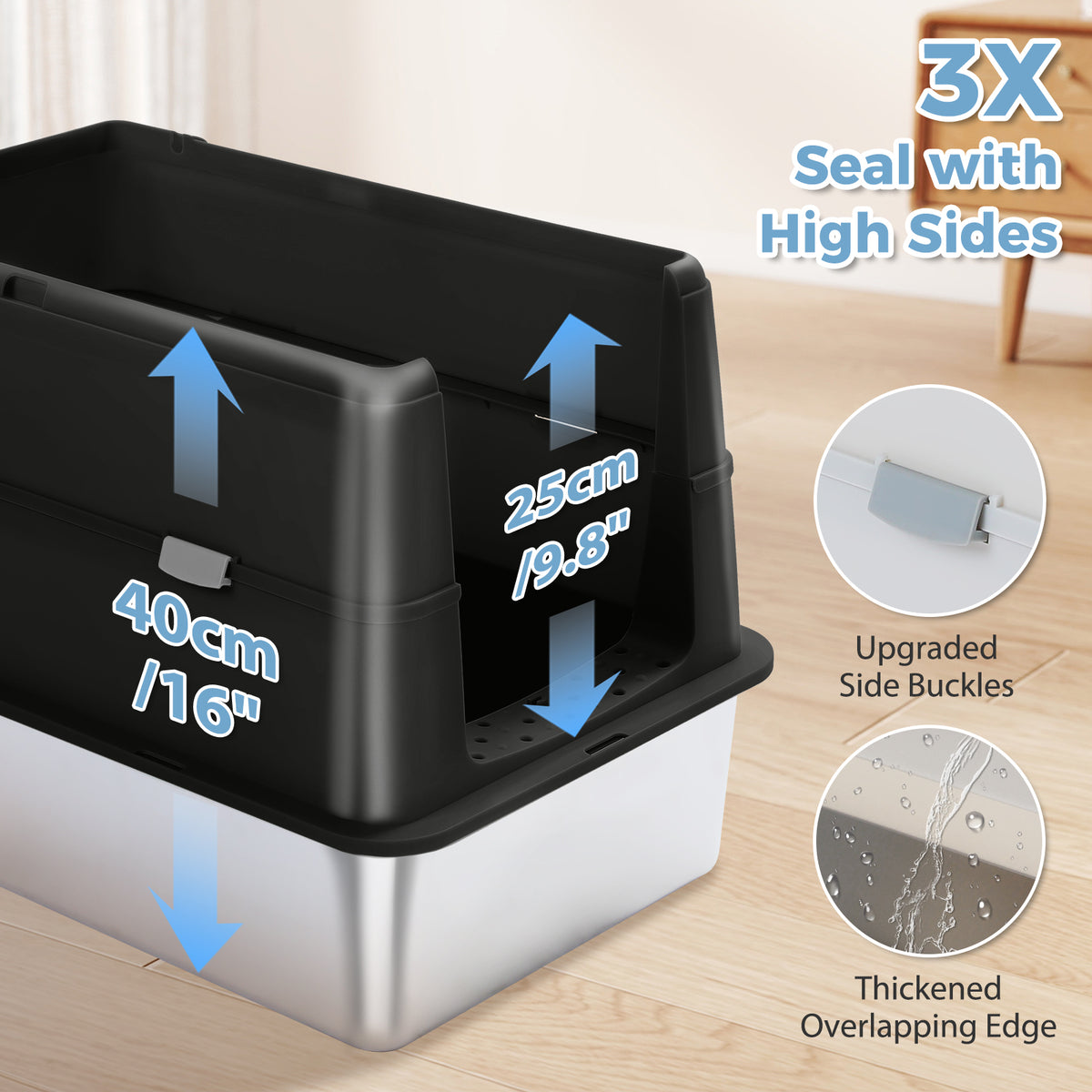 XL Katzentoilette mit Edelstahlwanne und Deckel – Schwarz