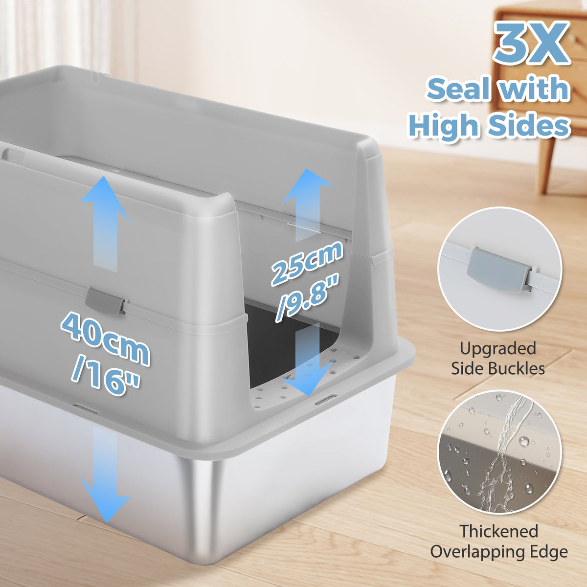 XL Katzentoilette mit Edelstahlwanne und Deckel – Grau