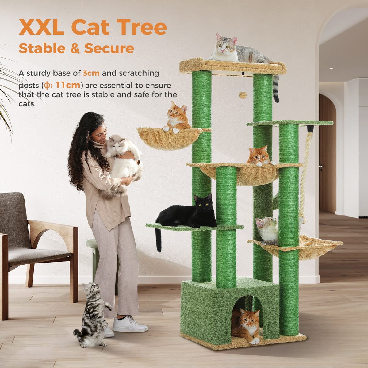 Kratzbaum für Katzen, 169 cm – Grün mit 5 Ruheplätzen