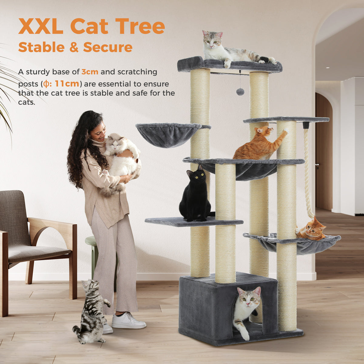 Kratzbaum für Katzen, 169 cm – Grau mit 5 Ruheplätzen