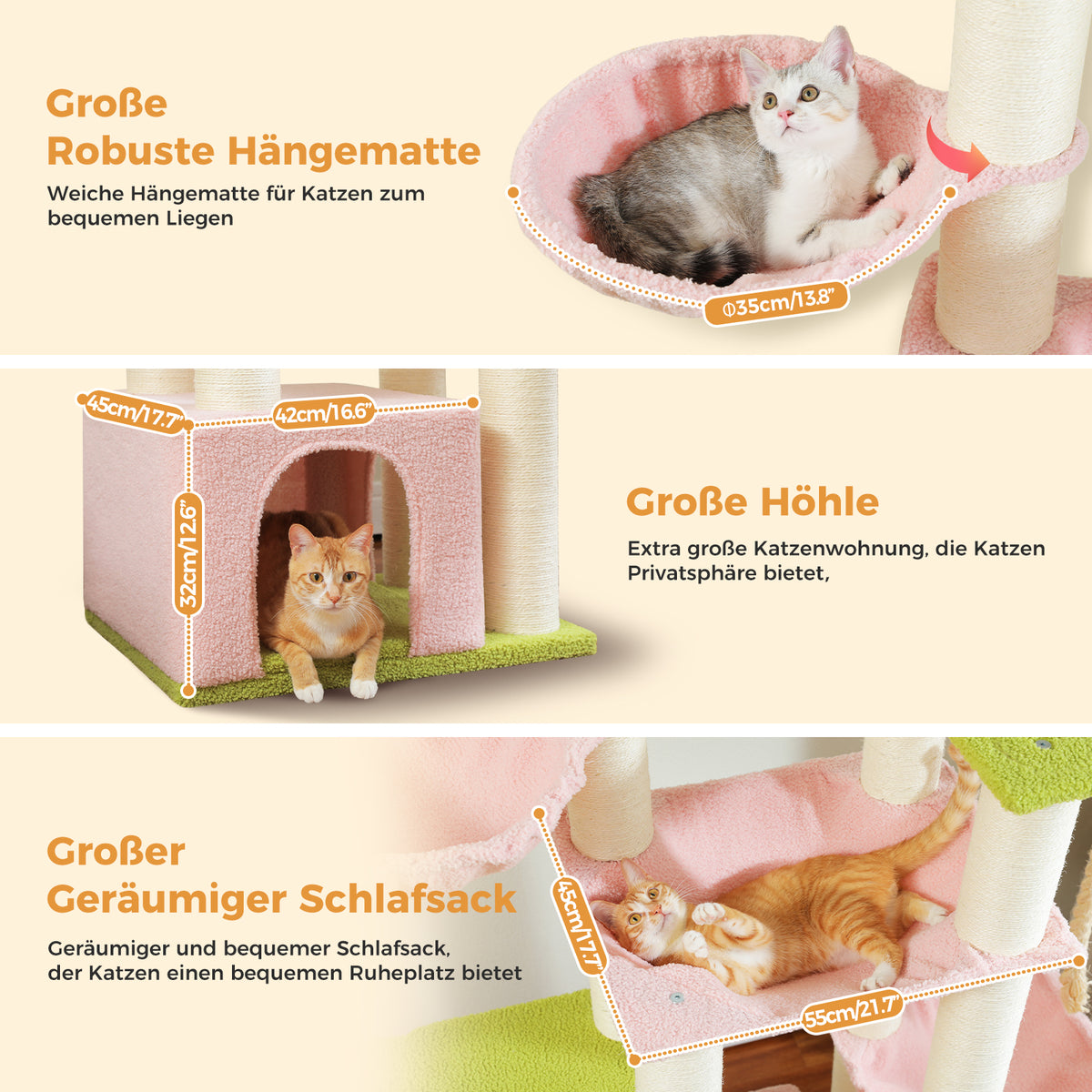 Kratzbaum für Katzen, 169 cm – Rosa mit 5 Ruheplätzen