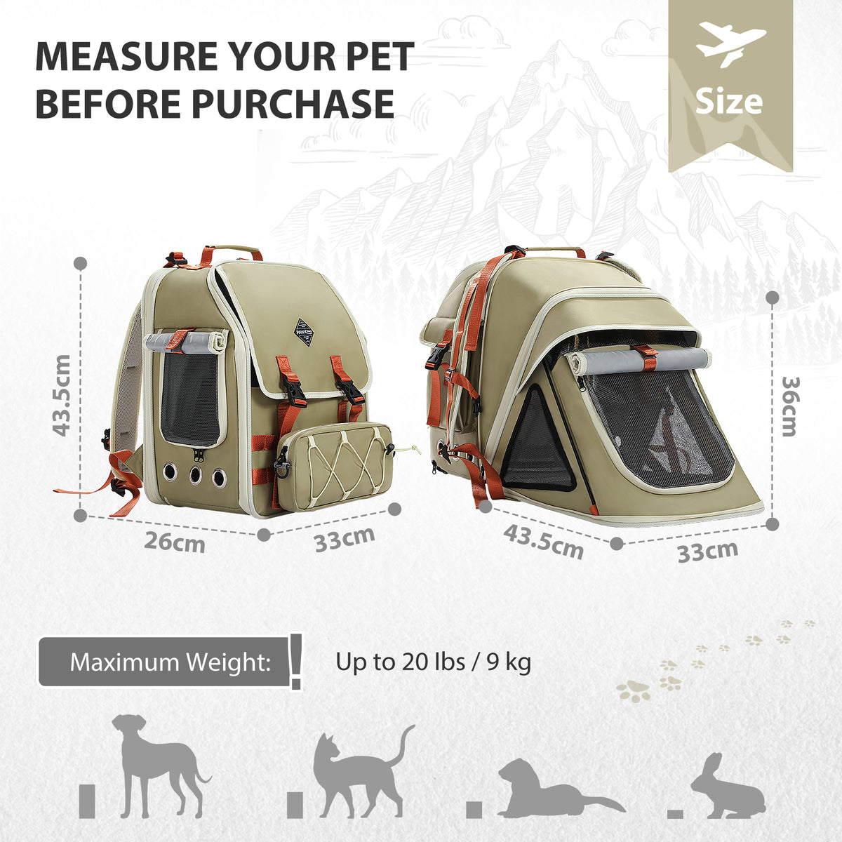 Erweiterbarer Katzenrucksack bis 9 kg, Olivgrün