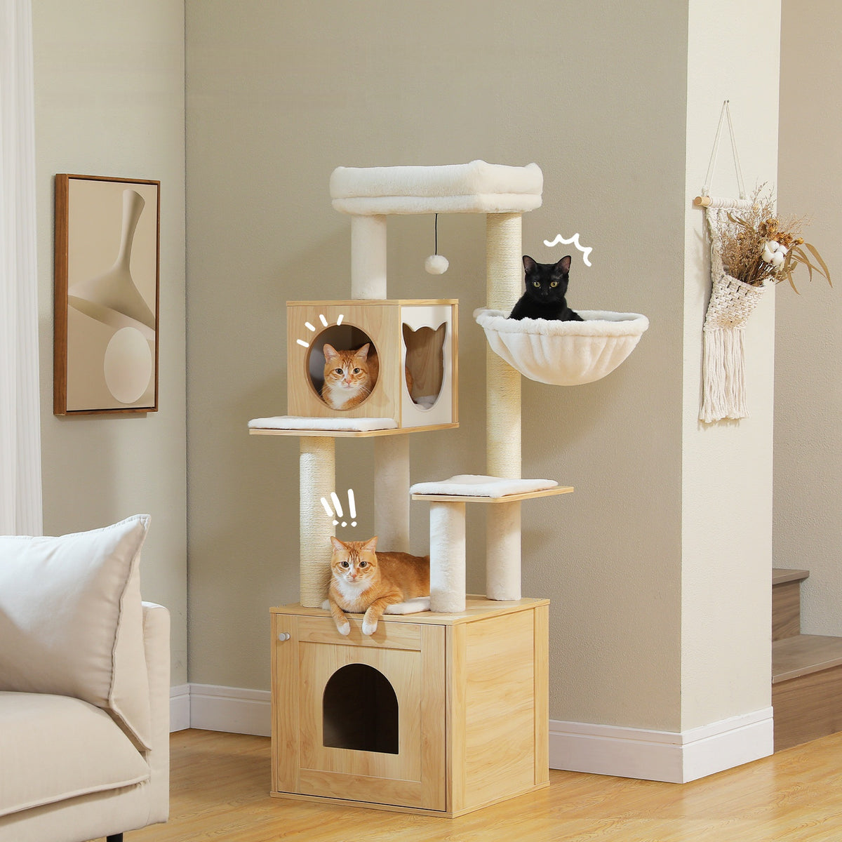 Katzenkratzbaum mit Schrank, 146 cm, Natur