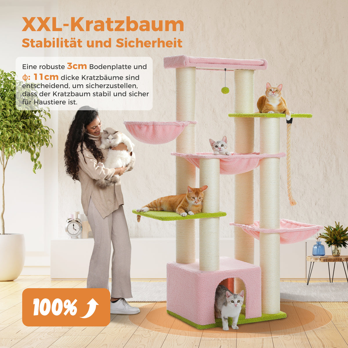 Kratzbaum für Katzen, 169 cm – Rosa mit 5 Ruheplätzen