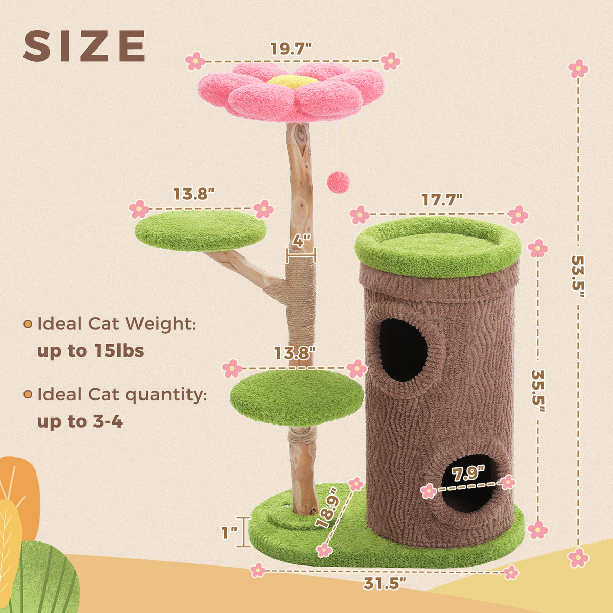 Kratzbaum 136 cm mit Blumenliege, Pink