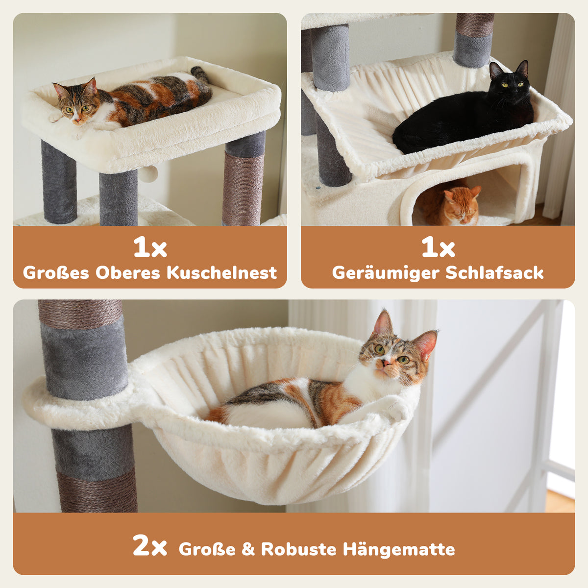 XXL Kratzbaum Beige-Grau, 209 cm, mit 2 Katzenhöhlen