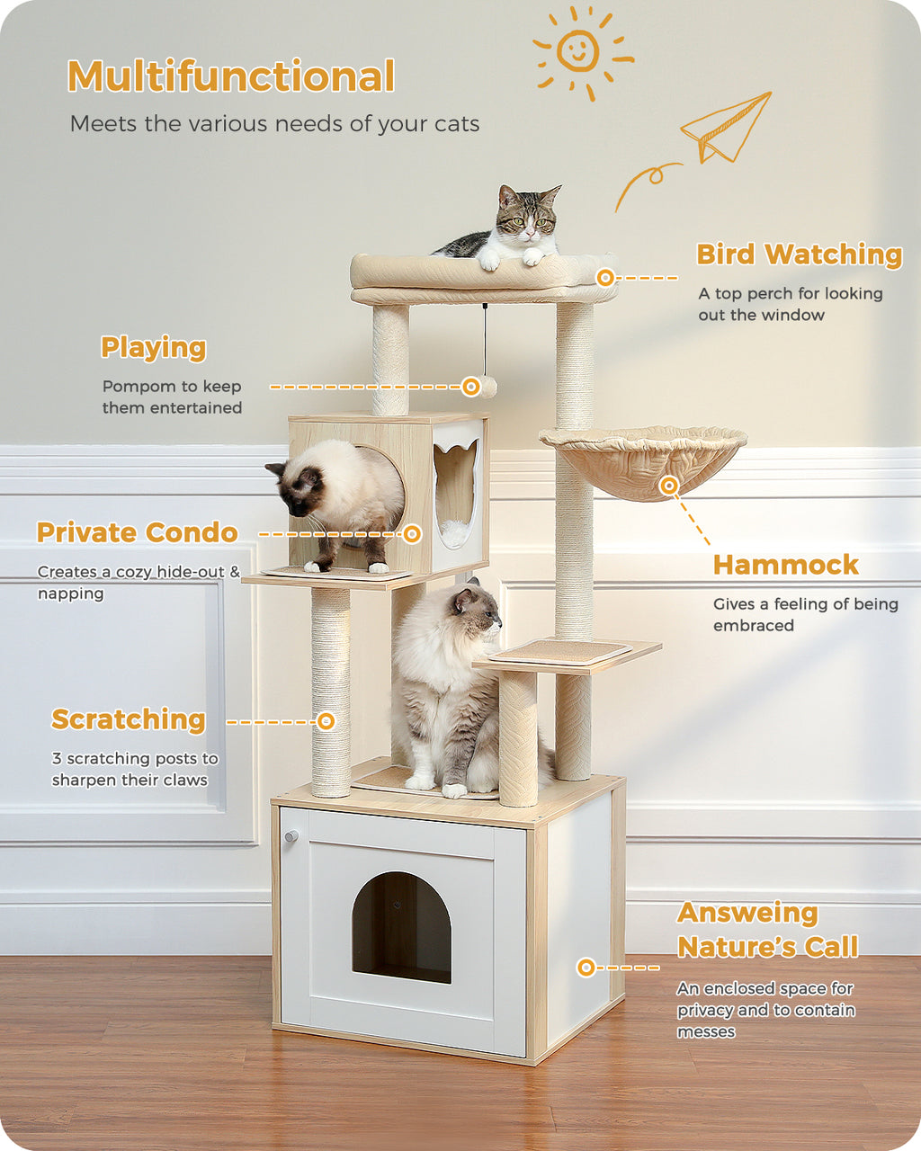 Katzenkratzbaum mit Katzenkloschrank, 144 cm, Beige