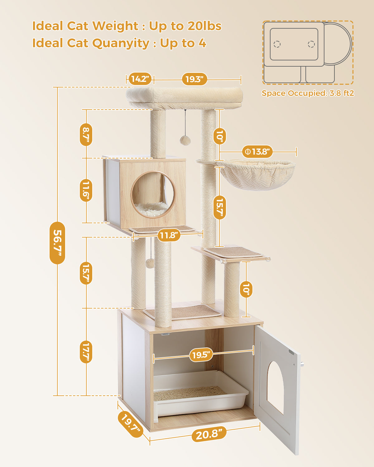 Katzenkratzbaum mit Katzenkloschrank, 144 cm, Beige