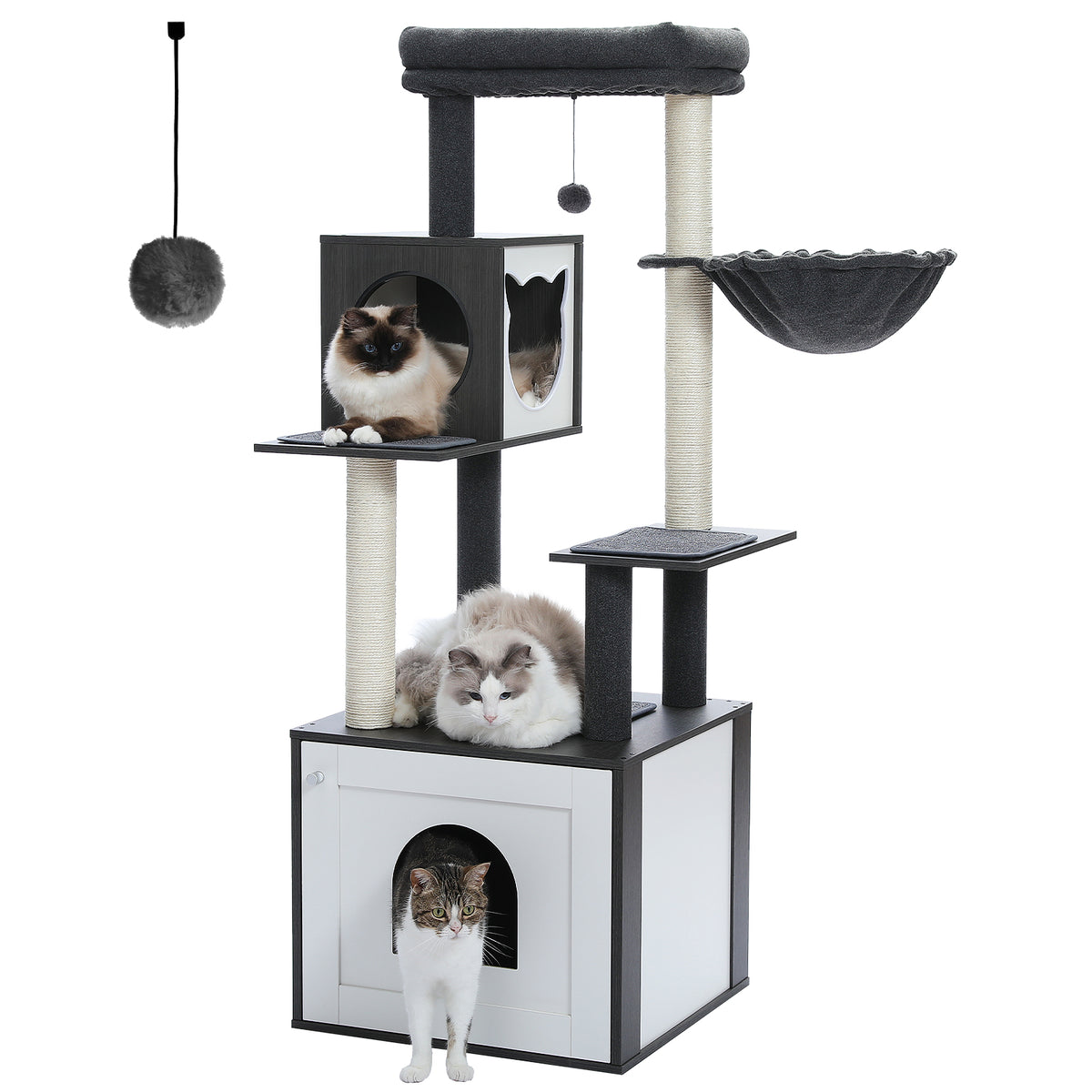 Katzenkratzbaum mit Katzentoilettenschrank, 144 cm, Schwarz-Weiß
