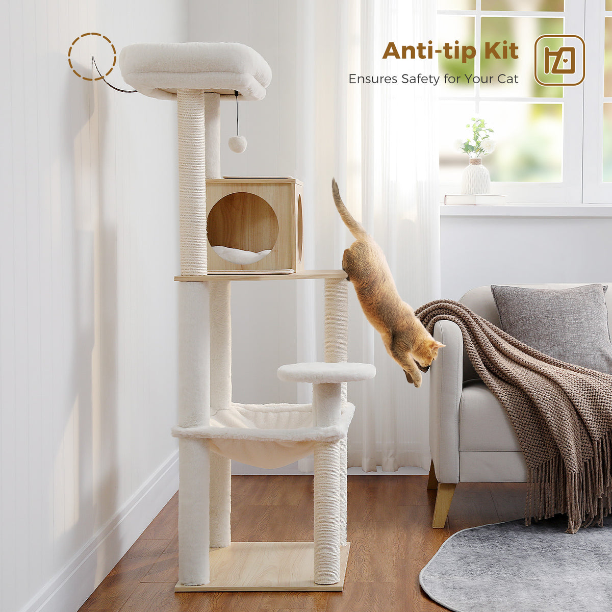 Katzenkratzbaum 143 cm mit Hängematte und Höhle, Beige