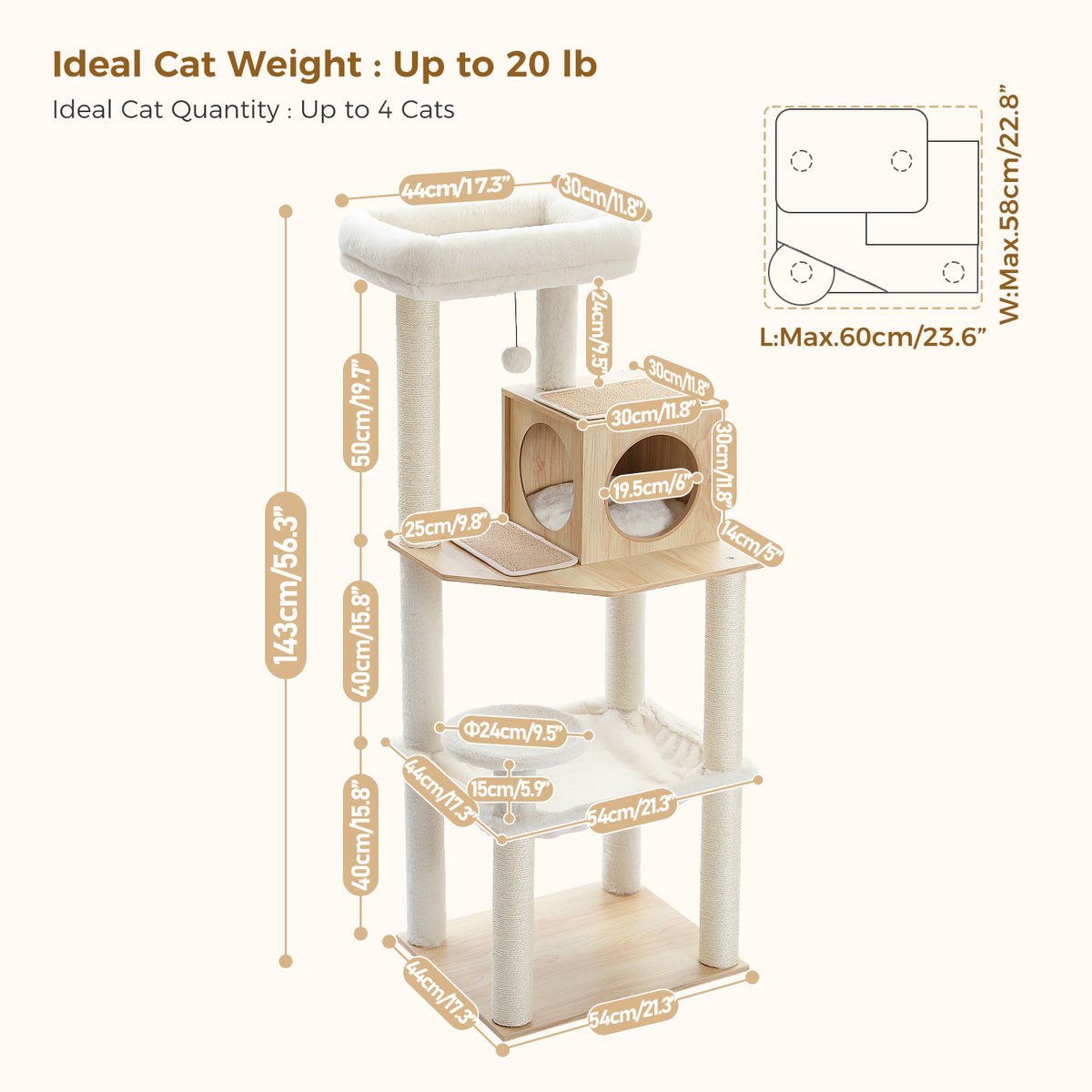 Katzenkratzbaum 143 cm mit Hängematte und Höhle, Beige