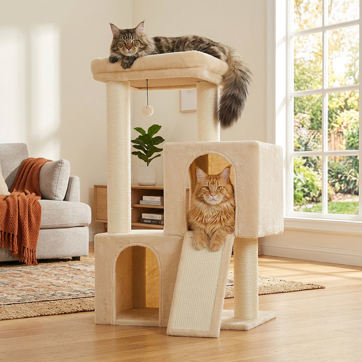 Kratzbaum für Katzen, 114 cm – Beige mit 2 Höhlen