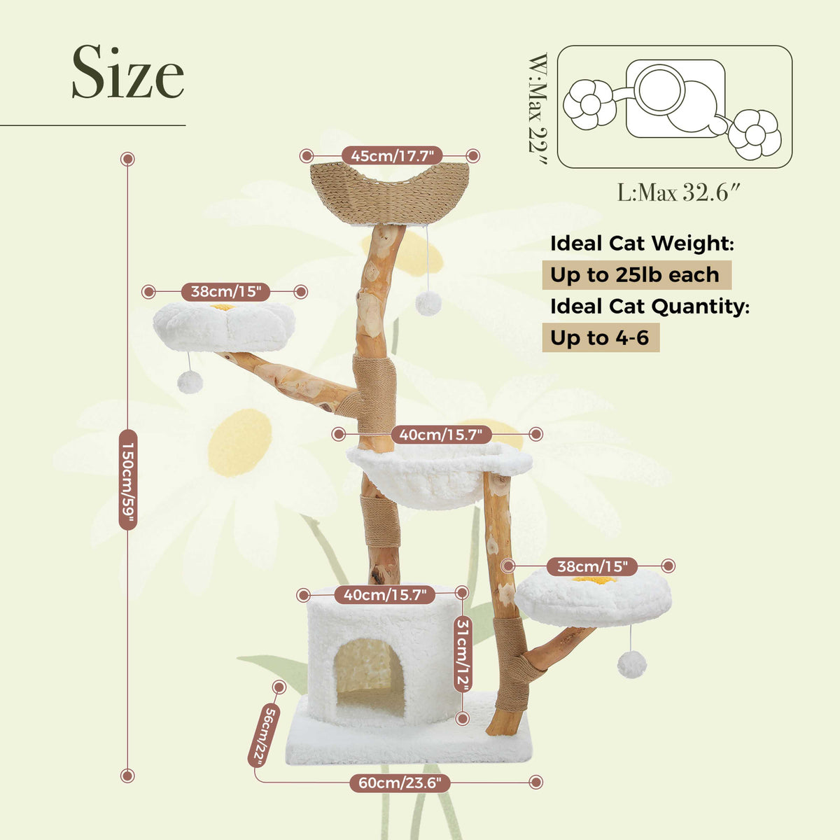 Kratzbaum 150 cm mit Hängematte und Katzenhöhle, Weiß