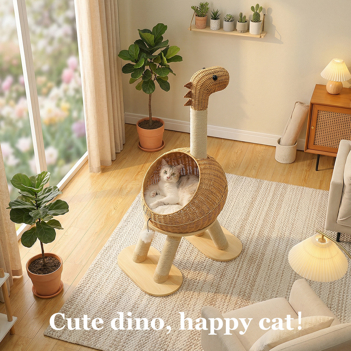 Kratzbaum für Katzen, 116 cm – Rattan-Dinohöhle
