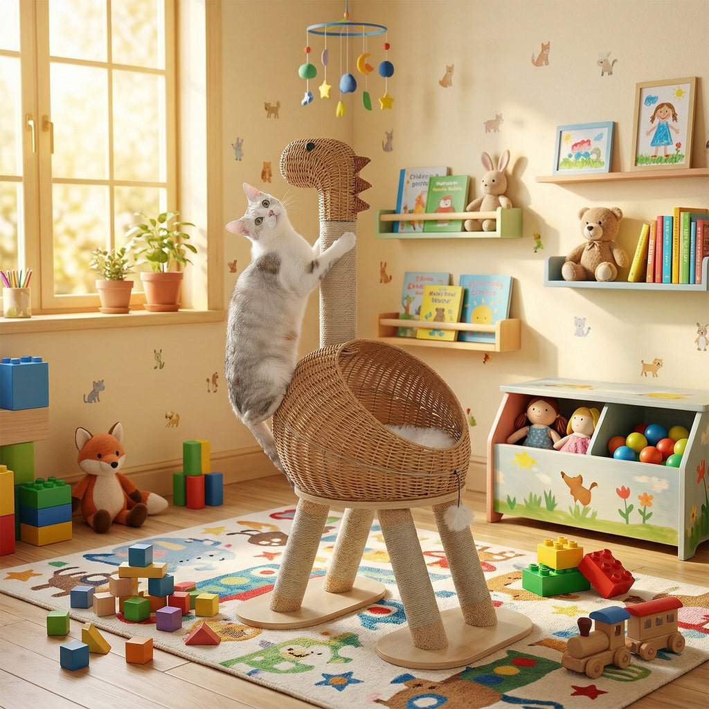 Kratzbaum für Katzen, 116 cm – Rattan-Dinohöhle