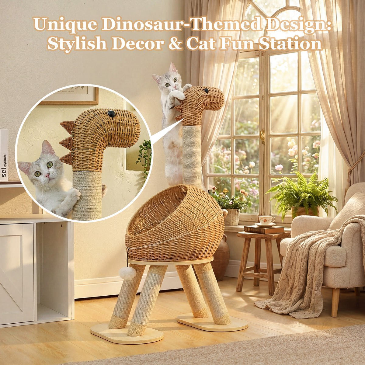 Kratzbaum für Katzen, 116 cm – Rattan-Dinohöhle
