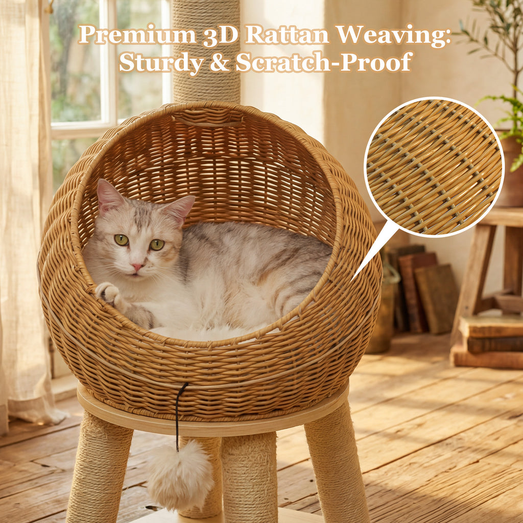 Kratzbaum für Katzen, 116 cm – Rattan-Dinohöhle