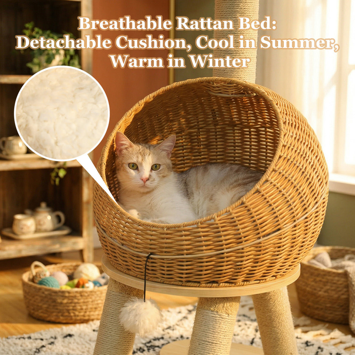 Kratzbaum für Katzen, 116 cm – Rattan-Dinohöhle