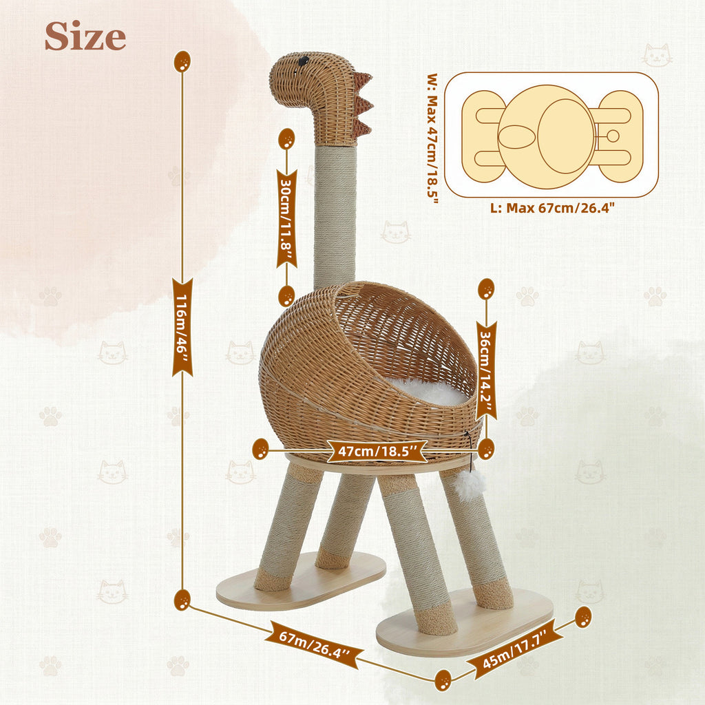 Kratzbaum für Katzen, 116 cm – Rattan-Dinohöhle