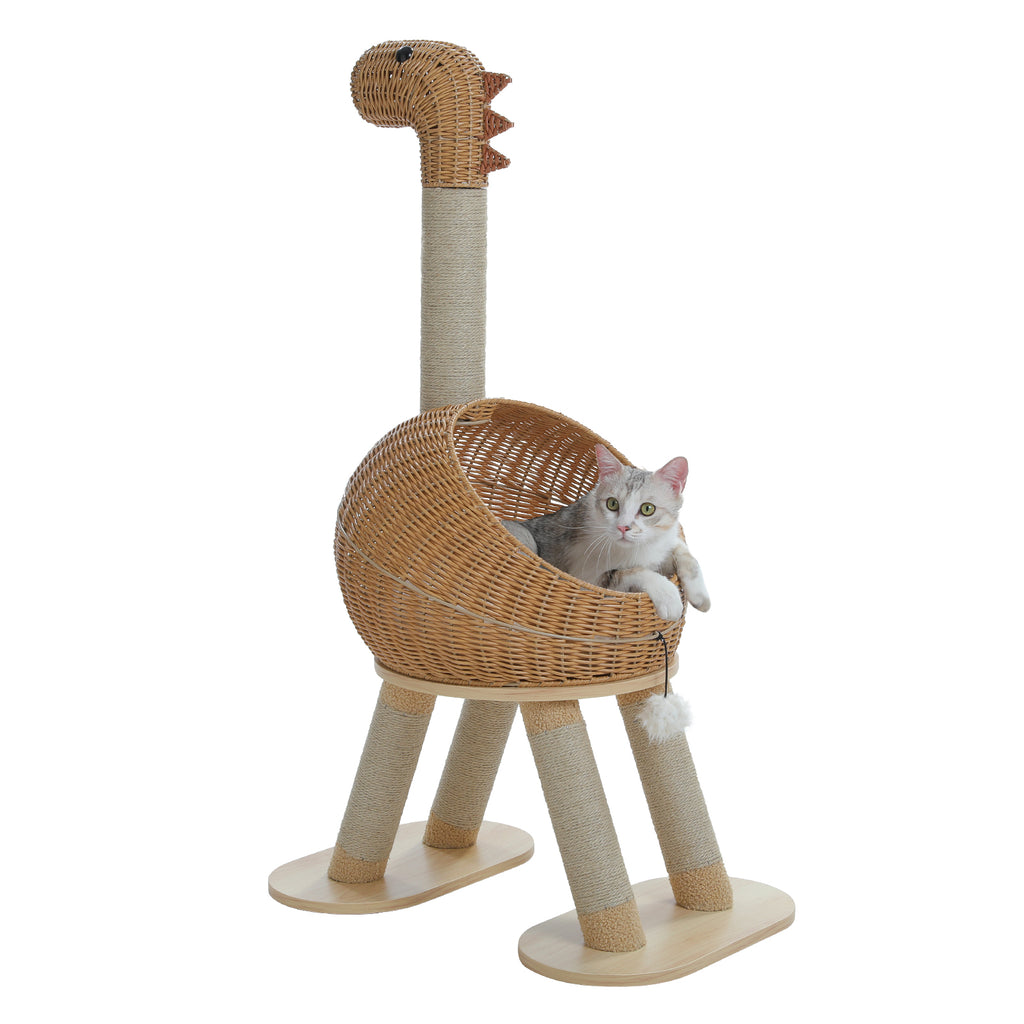Kratzbaum für Katzen, 116 cm – Rattan-Dinohöhle